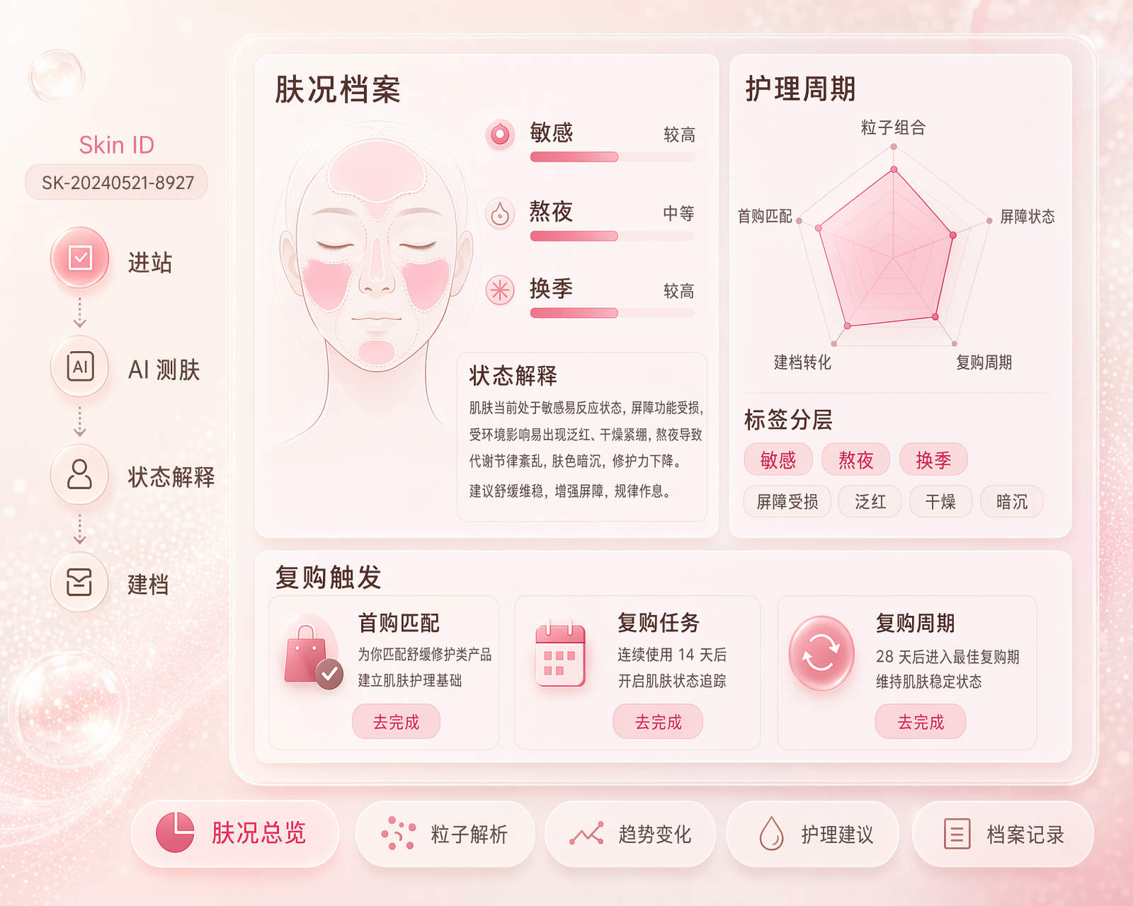 美妆连锁 AI 测肤报告 Skin ID 状态解释界面图